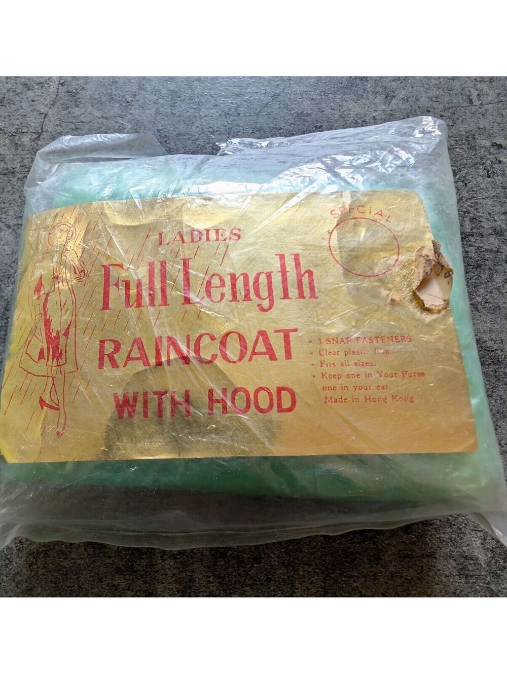 Vintage 1950s Ladies Full Length Raincoat with Hood Green Compact Size NOS